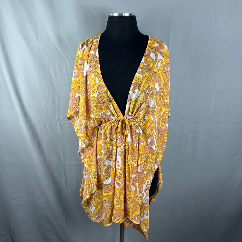 Kontrol Kaftan Top Womens Large Multicolor Psychedelic Swirl Print Kimono Sleeve